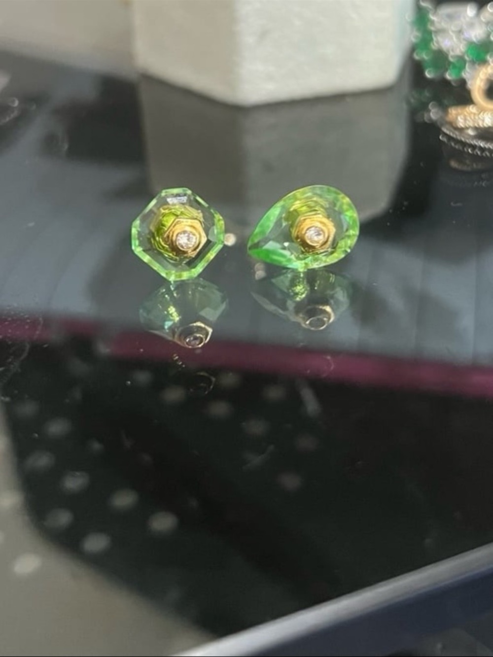 14kt gold plated emerald drop asymmetrical earrings